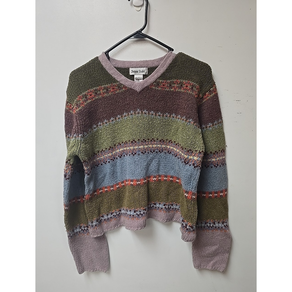 Vtg 90s‎ Chunky Cropped Y2K Multicolor Colorblock Knit Preppy Sweater Womans XL